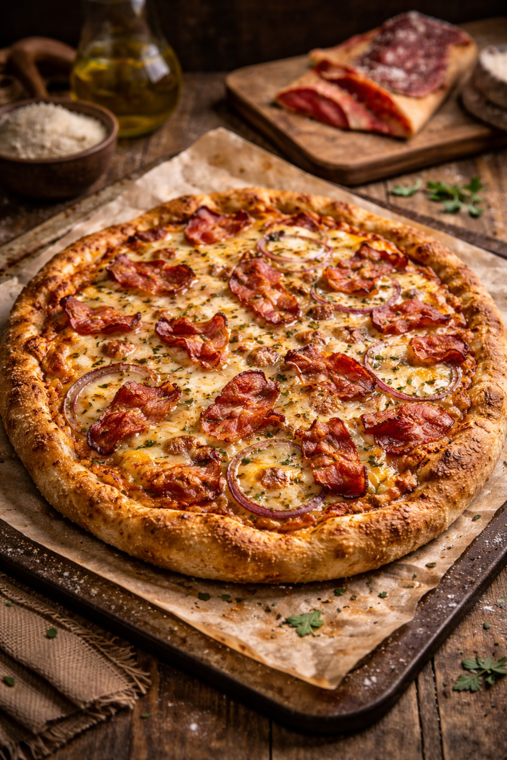 Knusprige Bauernpizza mit Speck & Käse