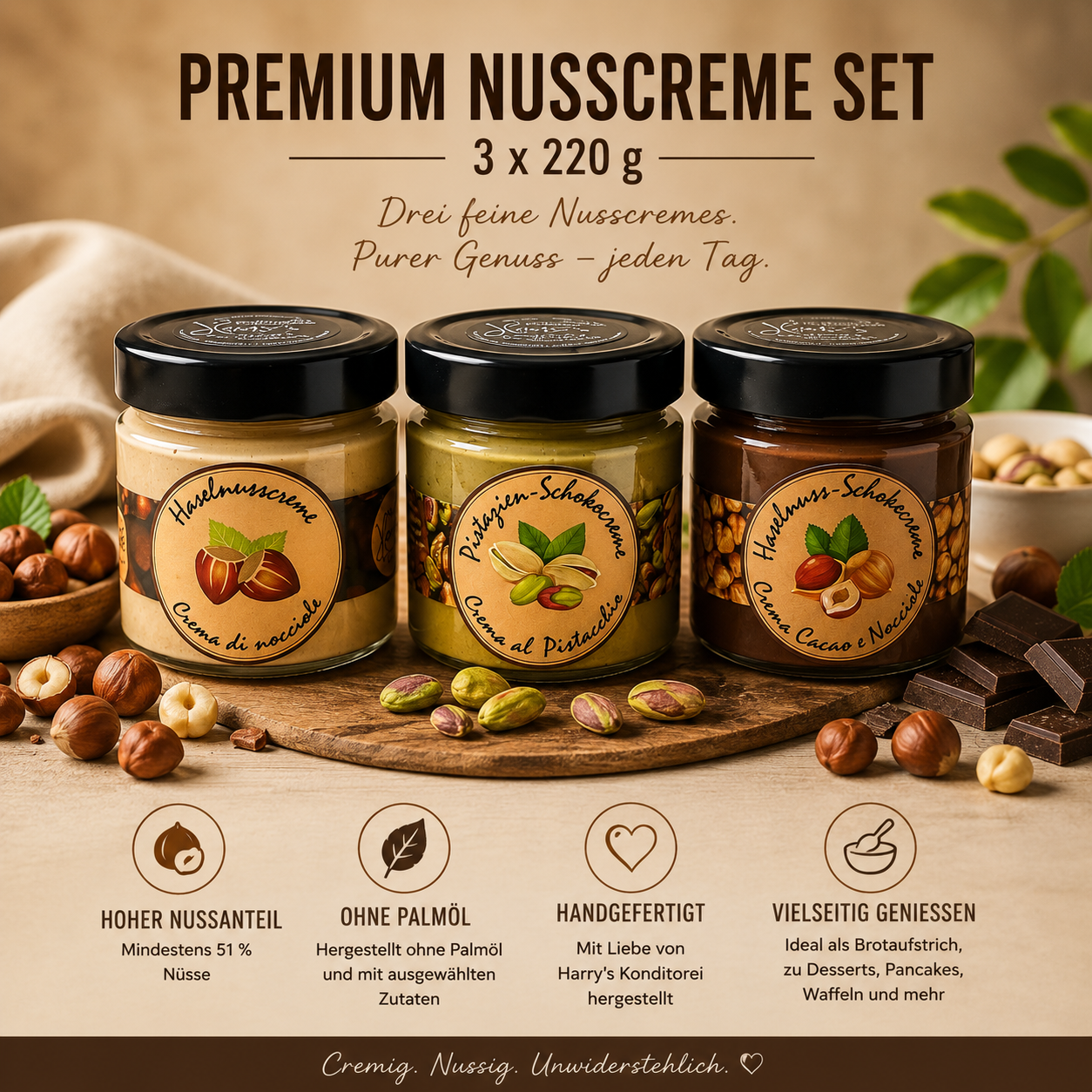 Premium Nusscremen-Set – 3 × 220 g